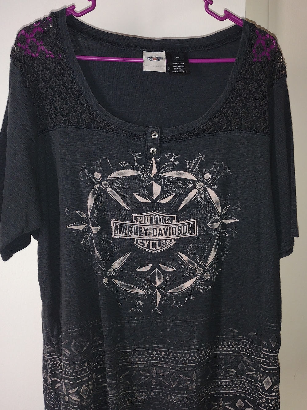 Harley-Davidson Black Short Sleeve Lace-Yoke Graphic Tee
